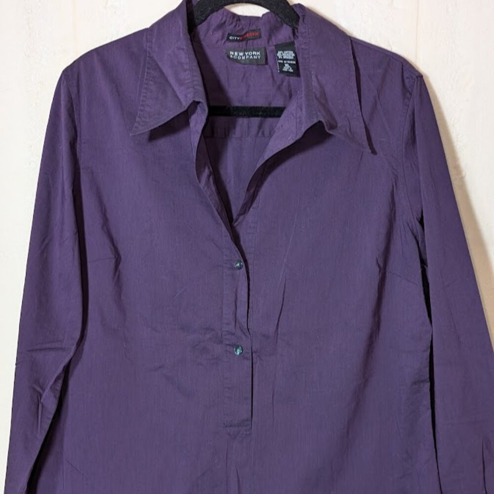VTG New York & Co Company Vintage PURPLE Fitted 1/4 Button Cotton Shirt Size XL